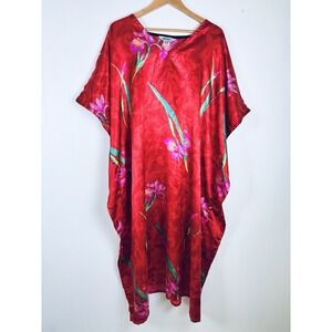 Winlar OS Red Satin Iris Floral Kaftan Maxi Length Pullover Roomy Lounge Cover